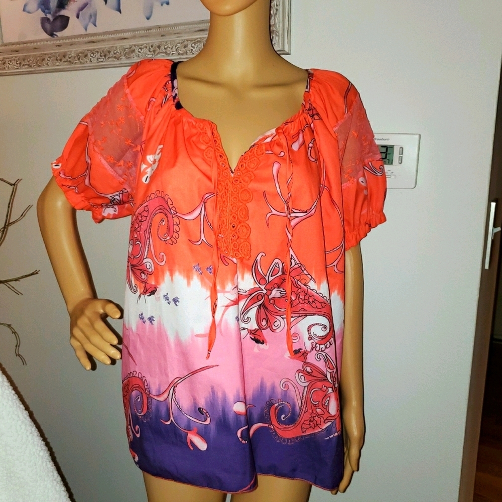 Womens Silky Brightly Colored Flowy Short Sleeve Blouse Orange and Purple 119